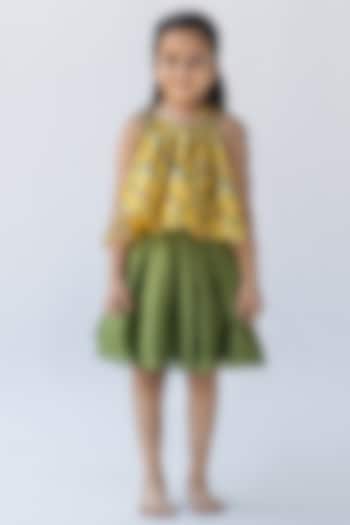 Olive Green Silk Chanderi Skirt Set For Girls by Ankid
