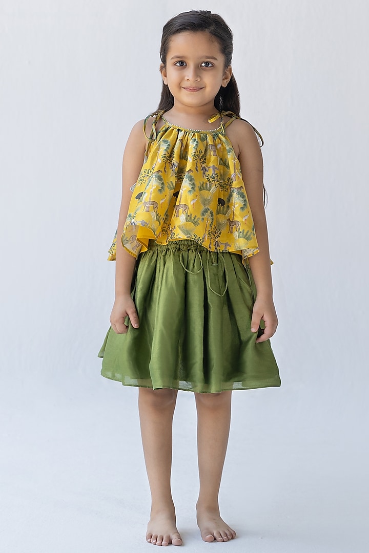 Olive Green Silk Chanderi Skirt Set For Girls by Ankid