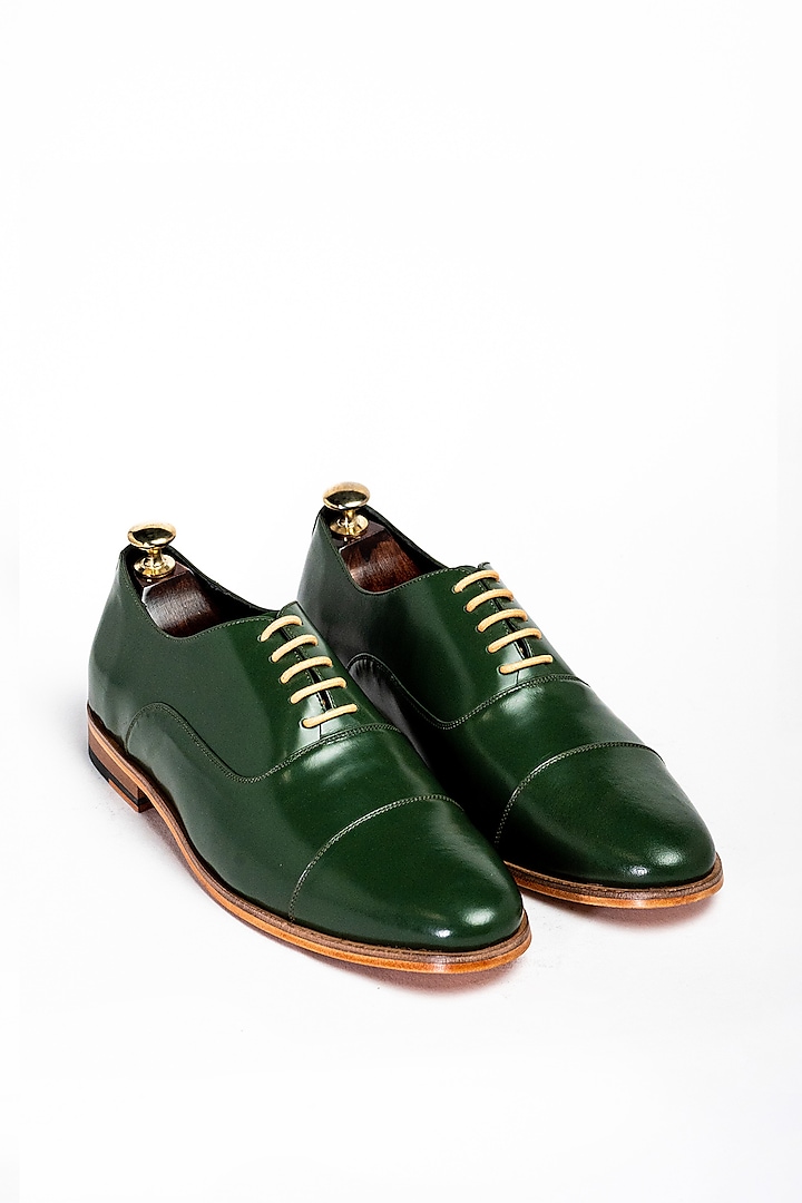 Bottle Green Leather Formal Shoes by Aniket Gupta