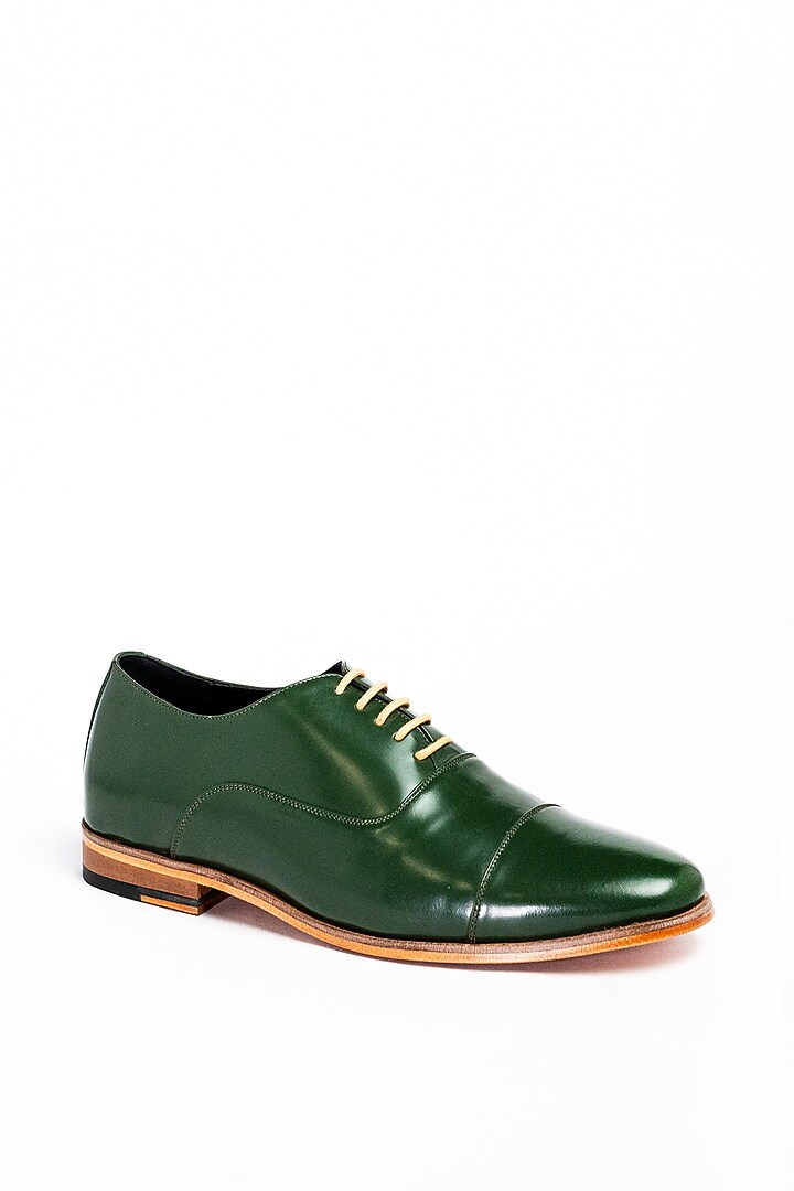 Bottle Green Leather Formal Shoes by Aniket Gupta at Pernia's Pop Up Shop