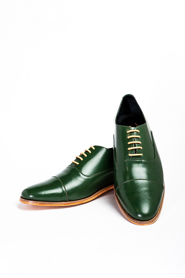 Bottle Green Leather Formal Shoes by Aniket Gupta at Pernia's Pop Up Shop