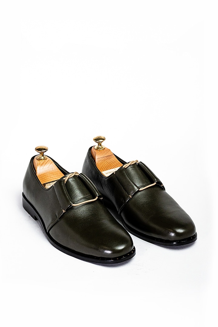Olive Green Leather Formal Shoes by Aniket Gupta