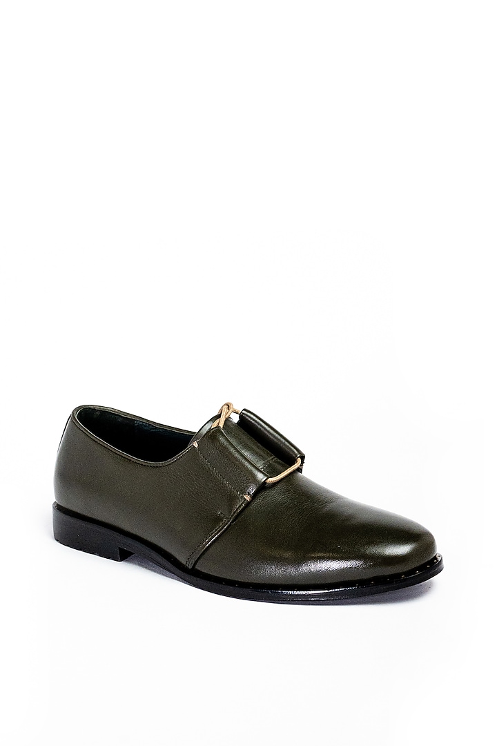 Olive Green Leather Formal Shoes by Aniket Gupta at Pernia's Pop Up Shop