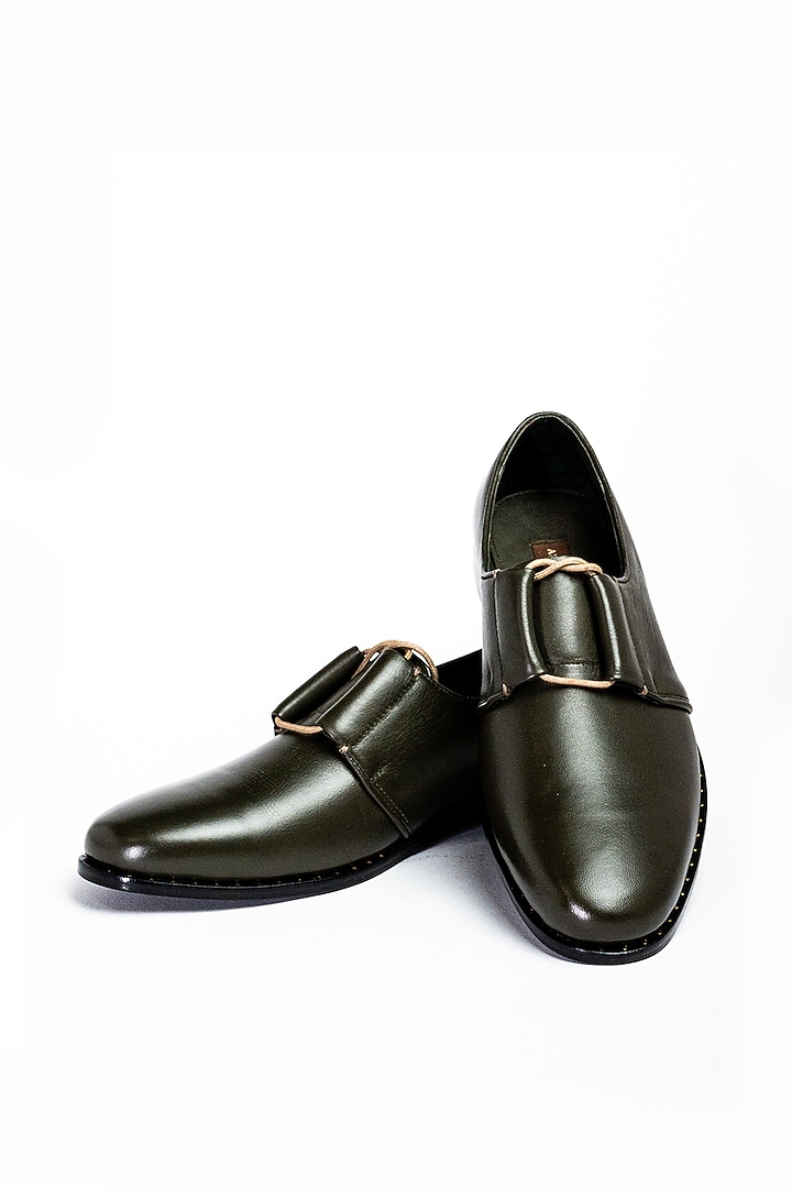 Olive Green Leather Formal Shoes by Aniket Gupta at Pernia's Pop Up Shop