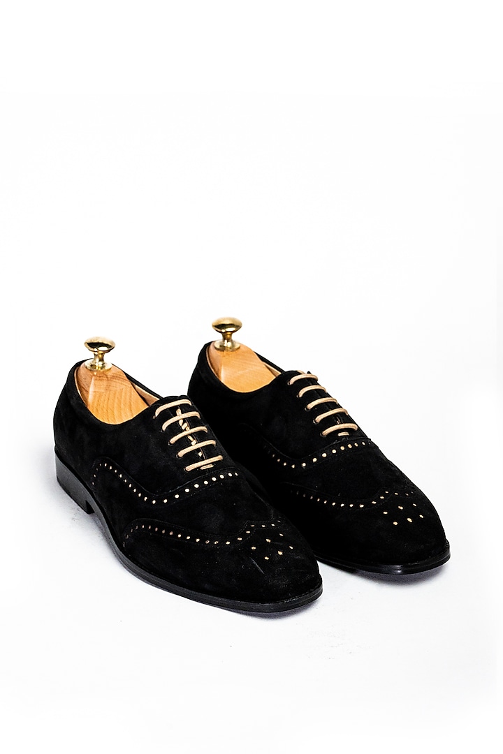 Black & Beige Leather Formal Shoes by Aniket Gupta