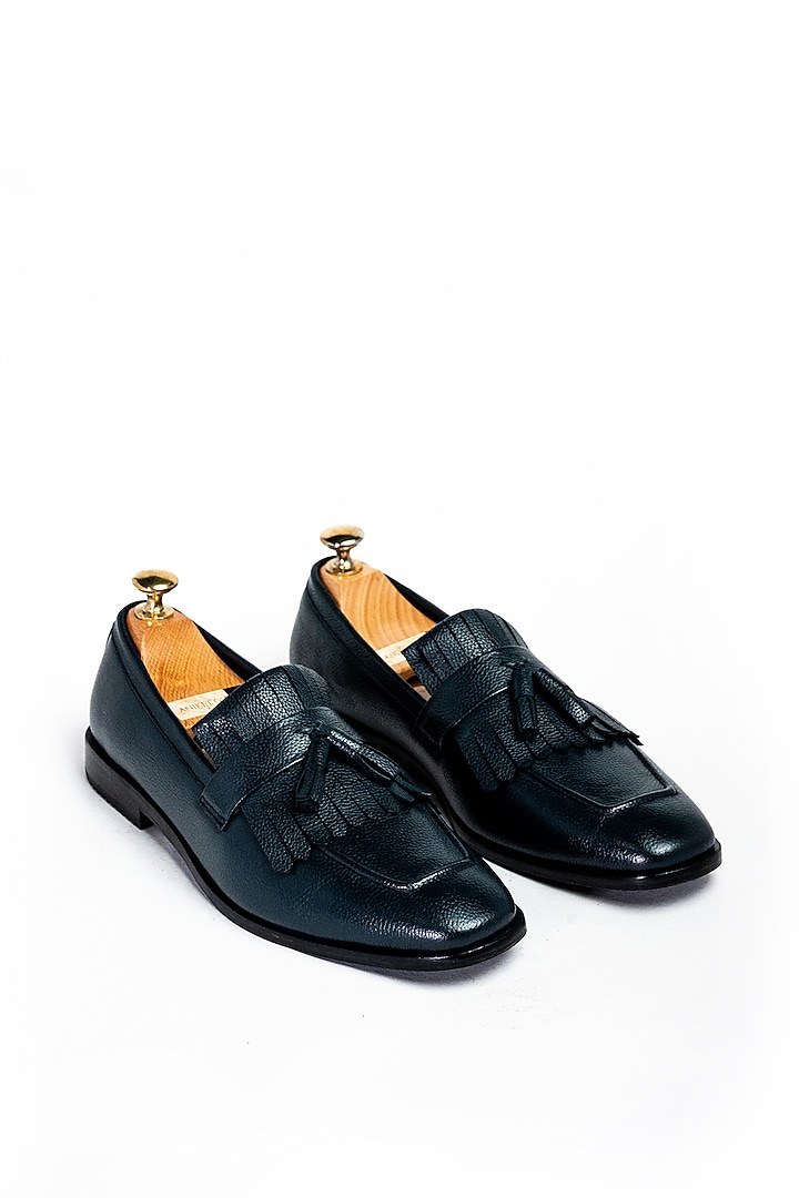 Navy Blue Leather Formal Shoes by Aniket Gupta