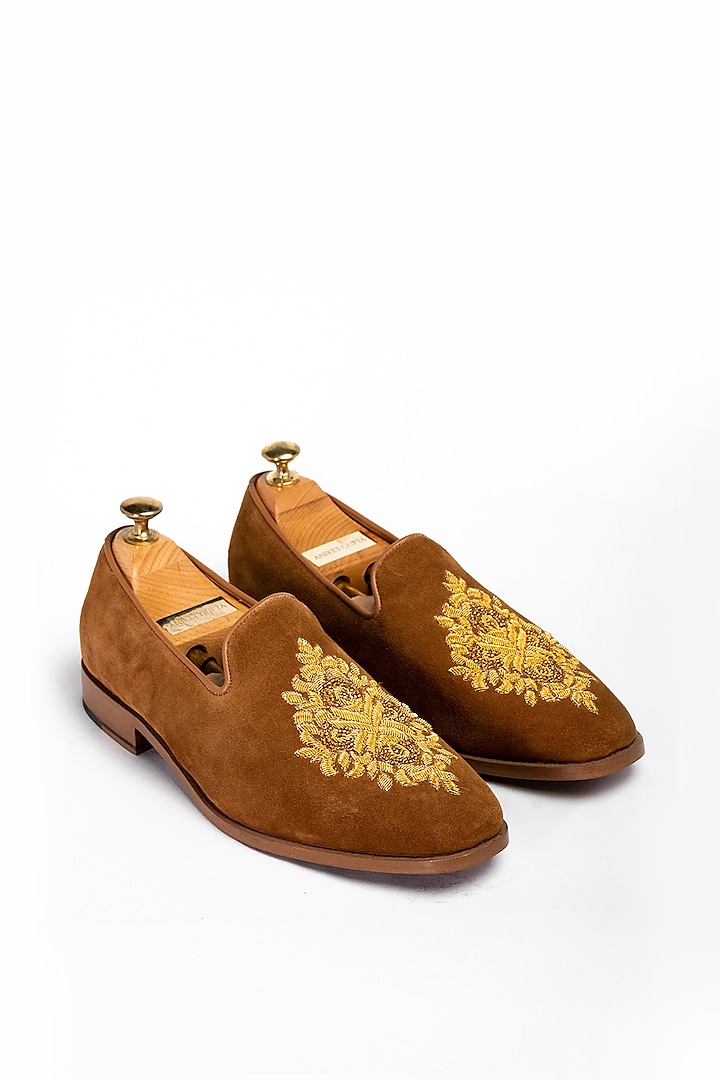Mustard Tan Leather Slip-On Shoes by Aniket Gupta