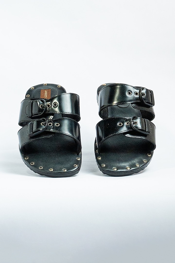 Black Genuine Leather Embellished Handmade Sliders by Aniket Gupta