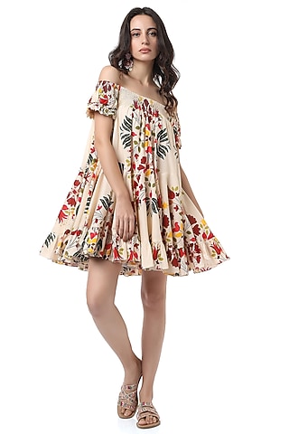 Beige Printed Off Shoulder Dress by Ankita