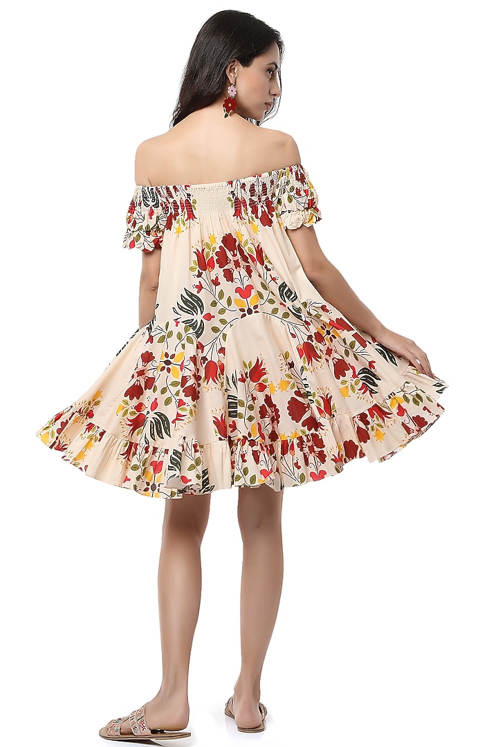 Beige Printed Off Shoulder Dress by Ankita at Pernia's Pop Up Shop