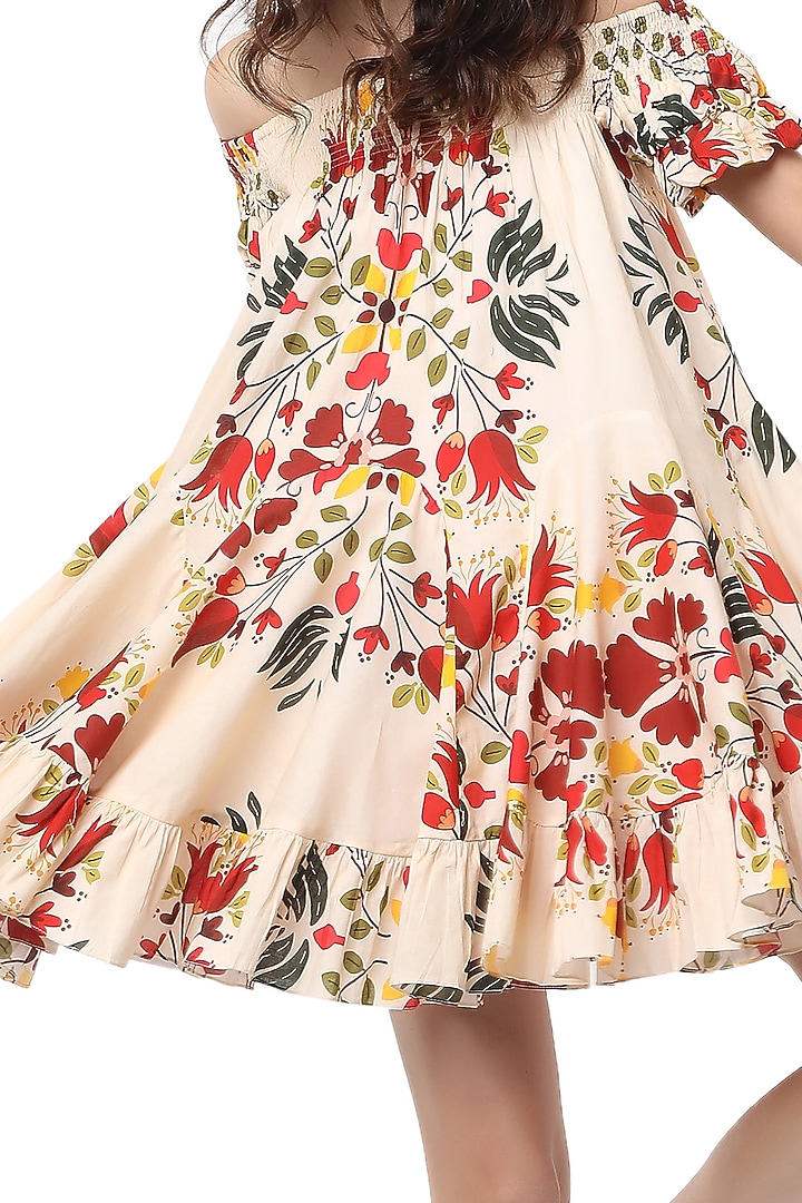 Beige Printed Off Shoulder Dress by Ankita at Pernia's Pop Up Shop