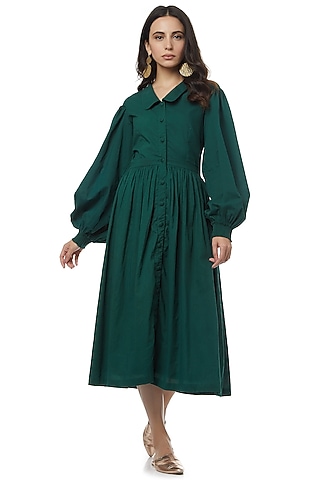 Emerald Green Dress With Bishop Sleeves by Ankita