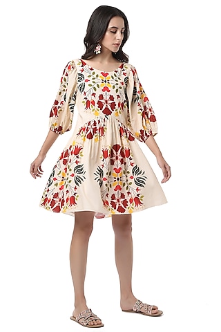 Beige Mini Dress With Gathers by Ankita