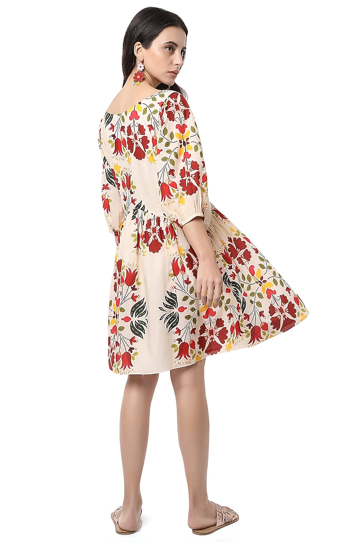 Beige Mini Dress With Gathers by Ankita at Pernia's Pop Up Shop