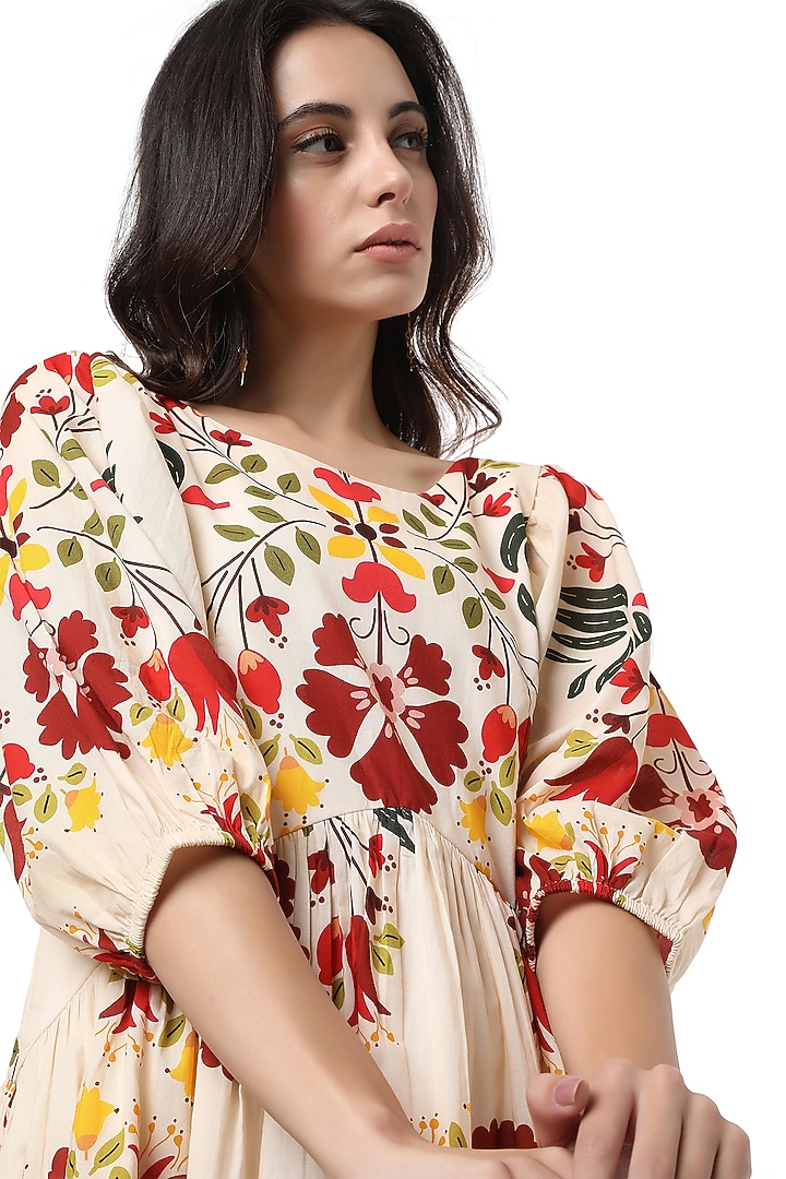 Beige Mini Dress With Gathers by Ankita at Pernia's Pop Up Shop