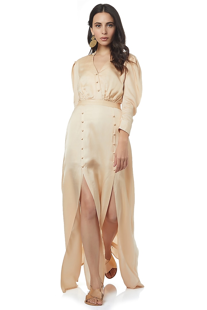 Beige Maxi Dress With Slit by Ankita at Pernia's Pop Up Shop