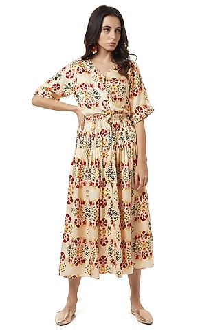 Beige Dress With Gathers by Ankita