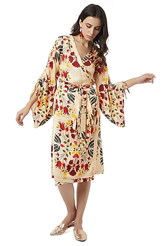 Beige Dress With Scrunched Sleeves by Ankita