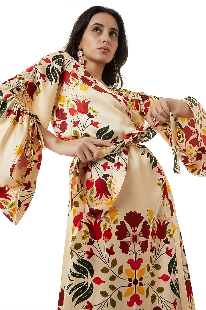 Beige Dress With Scrunched Sleeves by Ankita at Pernia's Pop Up Shop