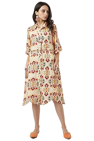 Beige Slub Satin Dress by Ankita