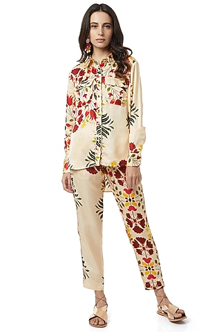 Beige Floral Printed Pants Set by Ankita