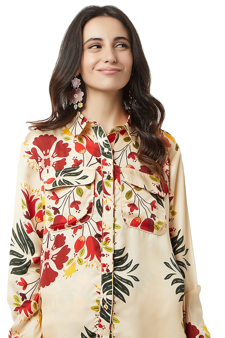 Beige Floral Printed Pants Set by Ankita at Pernia's Pop Up Shop