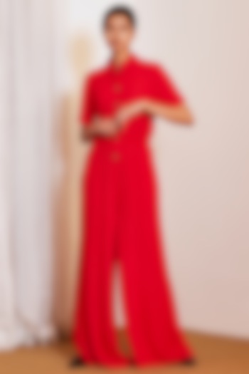 Red Double Georgette Jumpsuit by Ankita at Pernia's Pop Up Shop