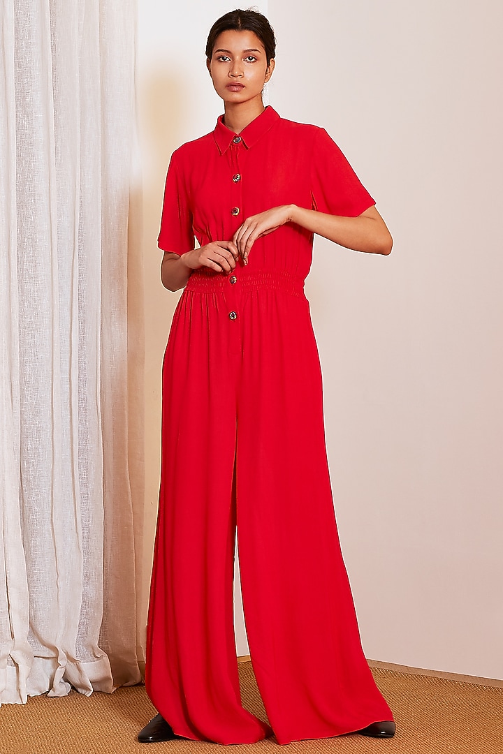 Red Double Georgette Jumpsuit by Ankita at Pernia's Pop Up Shop