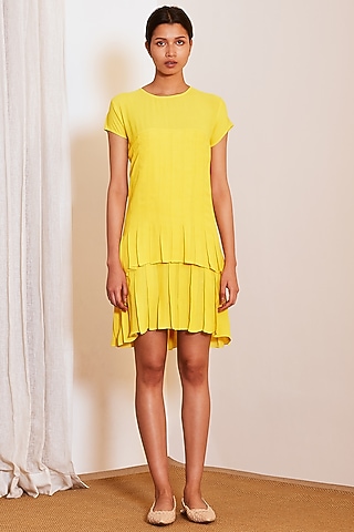 Yellow Pleated Mini Dress by Ankita