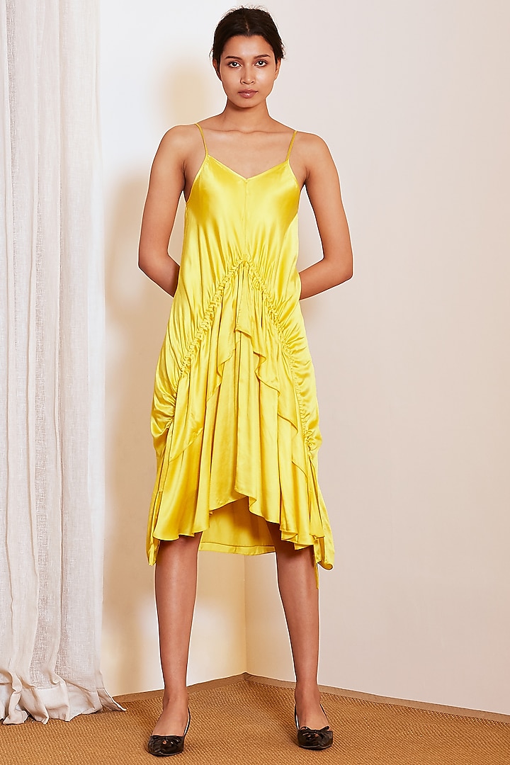 Yellow Adjustable Modal Satin Dress by Ankita