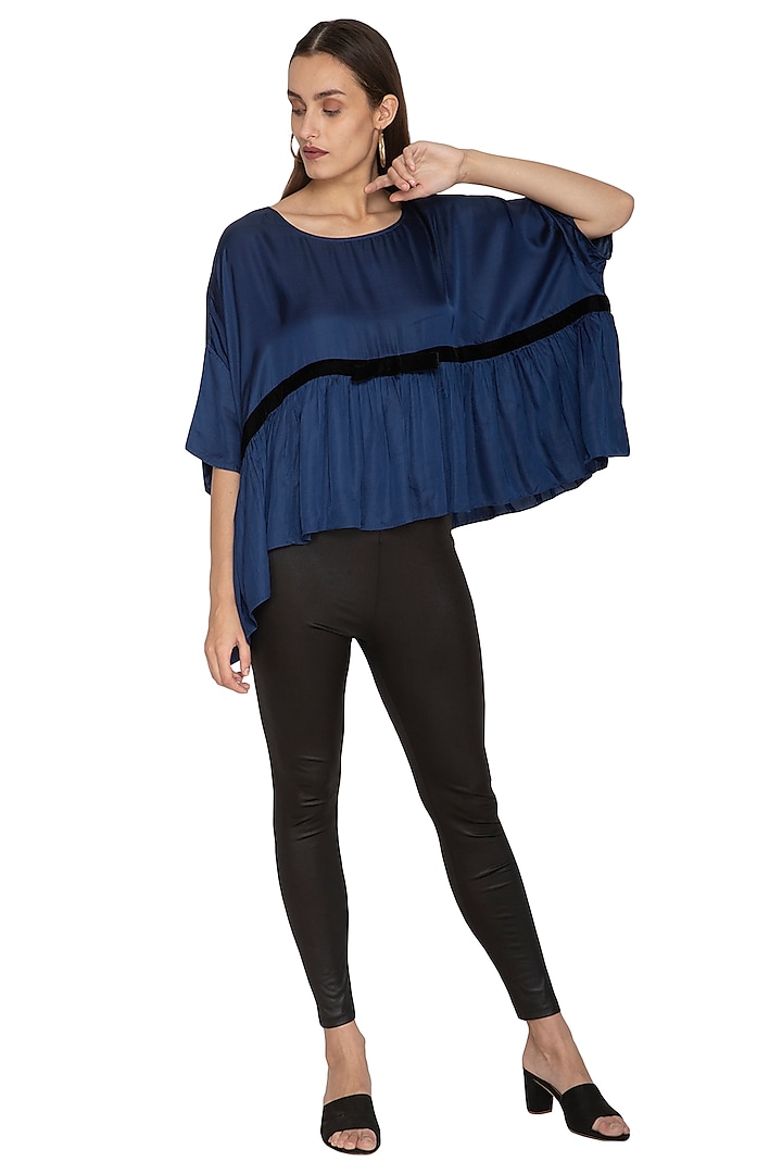 Blue Oversized Dolman Sleeved Top by Ankita