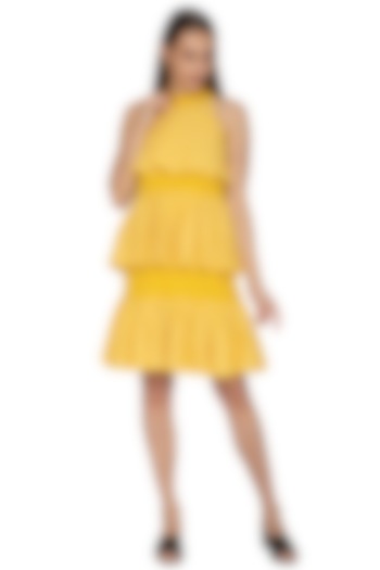 Yellow Cotton Satin Layered Dress by Ankita
