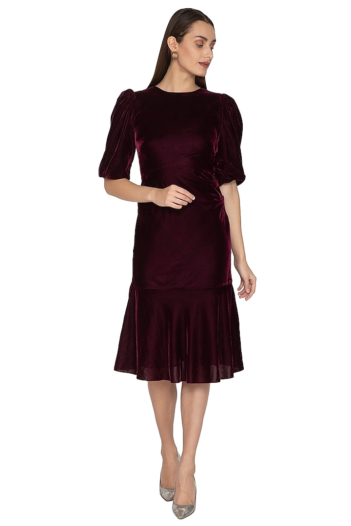 Purple Pleated Dress With Puffed Sleeves by Ankita