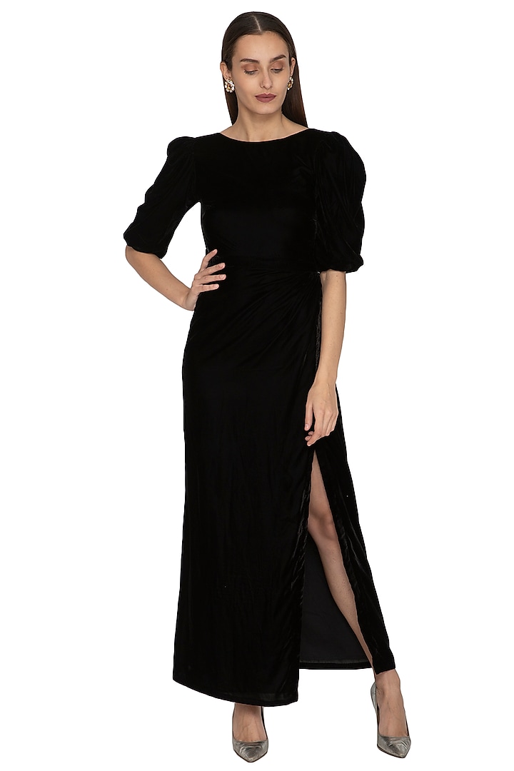 Black Pleated Gown With Puffed Sleeves by Ankita at Pernia's Pop Up Shop