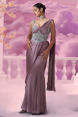 Amethyst Satin Organza Skirt Saree Set by Label Ankush Jain