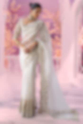 Ivory Organza Cutwork Embroidered Reception Saree Set by Label Ankush Jain at Pernia's Pop Up Shop