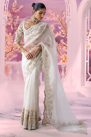 Ivory Organza Cutwork Embroidered Saree Set by Label Ankush Jain