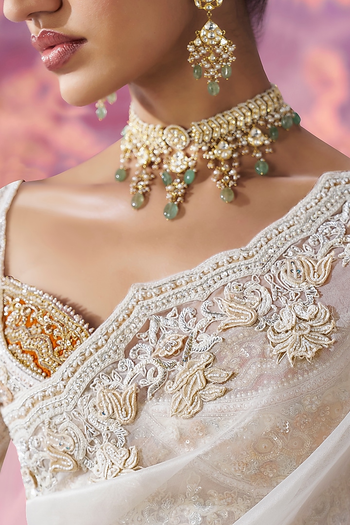 Ivory Organza Cutwork Embroidered Reception Saree Set by Label Ankush Jain at Pernia's Pop Up Shop