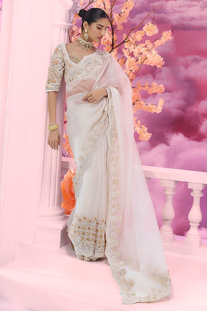 Ivory Organza Cutwork Embroidered Reception Saree Set by Label Ankush Jain at Pernia's Pop Up Shop