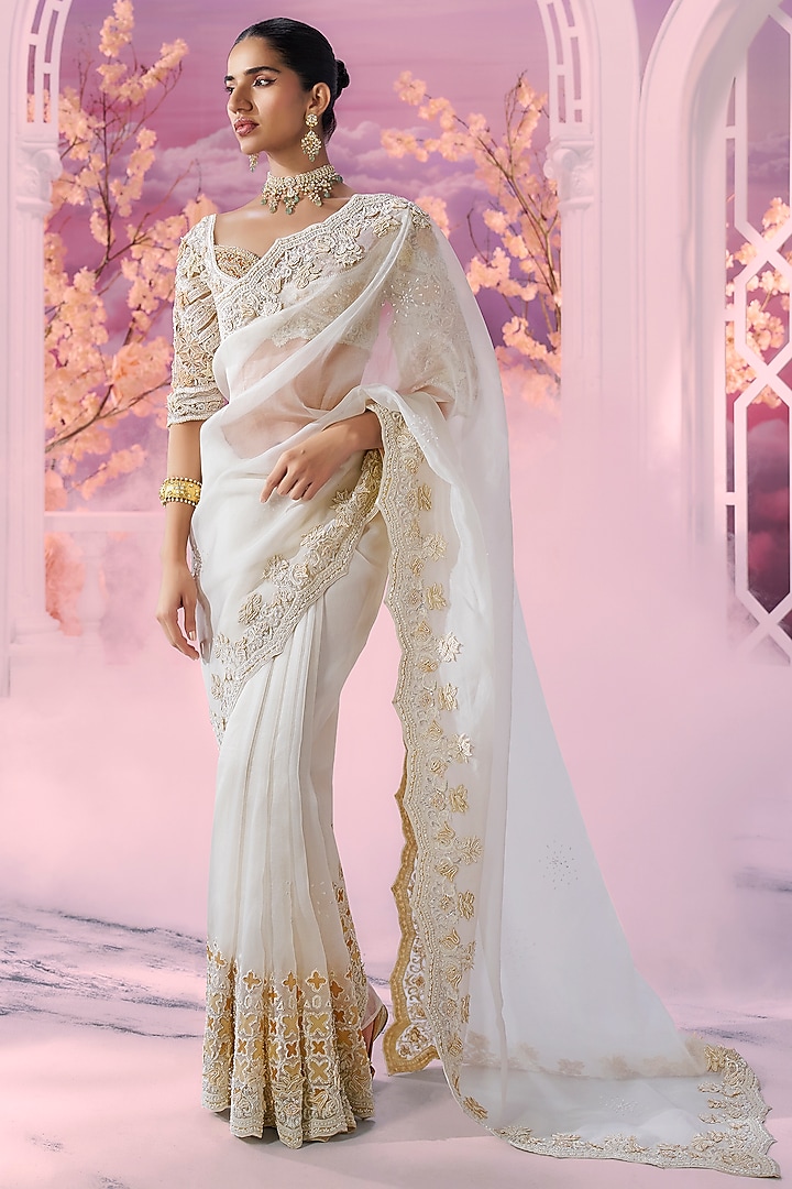 Ivory Organza Cutwork Embroidered Reception Saree Set by Label Ankush Jain at Pernia's Pop Up Shop
