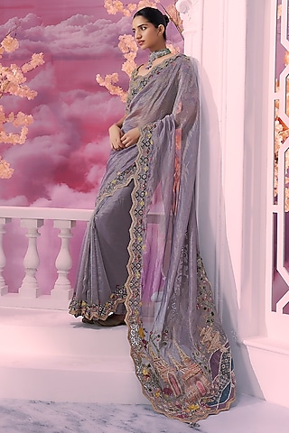 Grey Tissue 3D Embroidered Saree Set by Label Ankush Jain