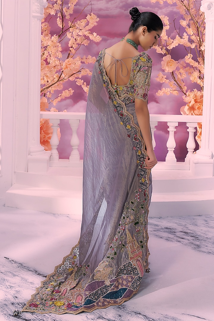 Grey Tissue 3D Embroidered Reception Saree Set by Label Ankush Jain at Pernia's Pop Up Shop