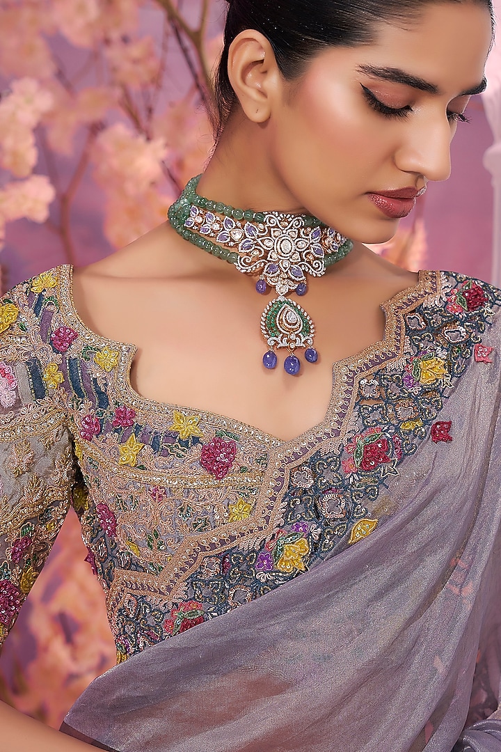 Grey Tissue 3D Embroidered Reception Saree Set by Label Ankush Jain at Pernia's Pop Up Shop