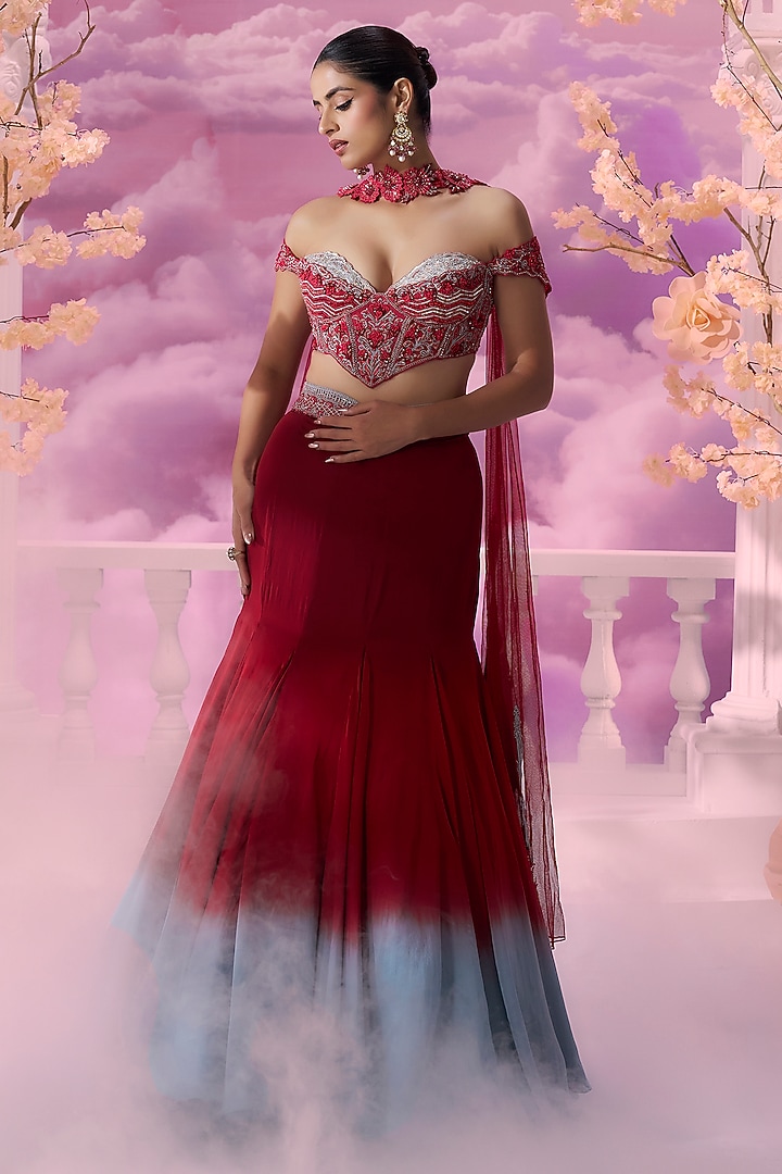 Red & Smoky Grey Ombre Satin Organza Wedding Lehenga Set by Label Ankush Jain at Pernia's Pop Up Shop