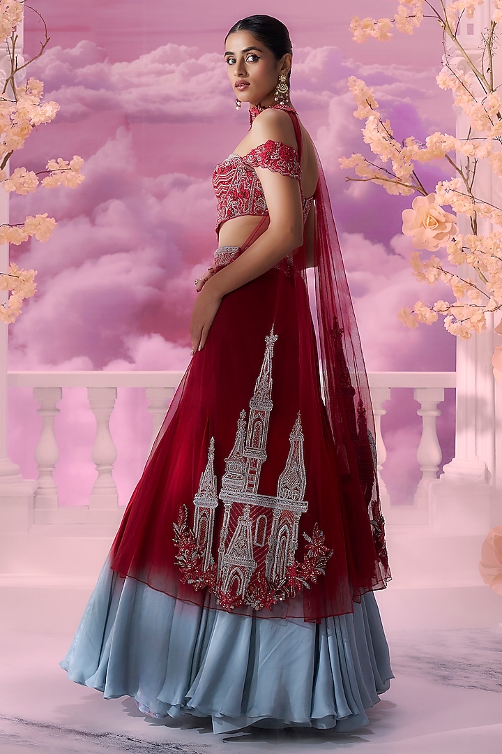 Red & Smoky Grey Ombre Satin Organza Wedding Lehenga Set by Label Ankush Jain at Pernia's Pop Up Shop