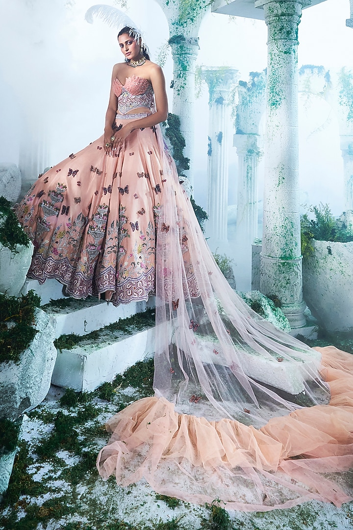 Peach Pure Silk Zardosi 3D Embroidered Bridal Lehenga Set by Label Ankush Jain at Pernia's Pop Up Shop