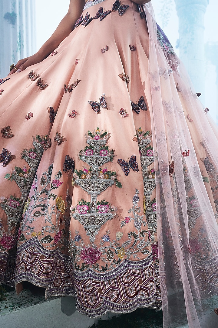 Peach Pure Silk Zardosi 3D Embroidered Bridal Lehenga Set by Label Ankush Jain at Pernia's Pop Up Shop
