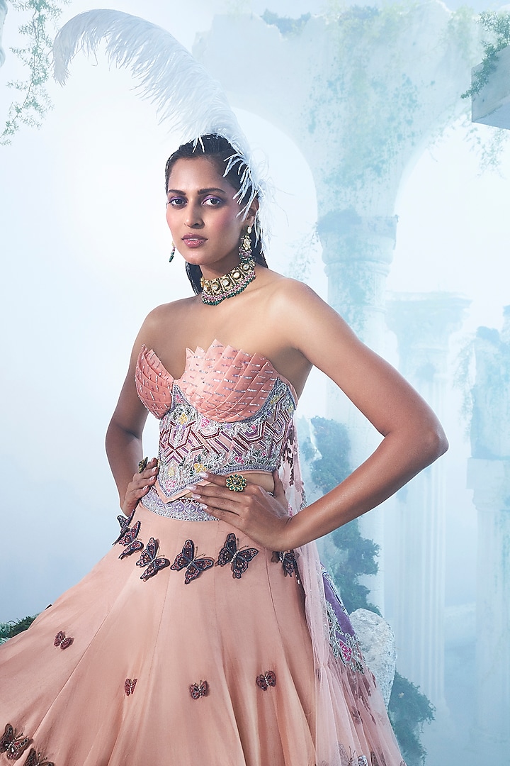 Peach Pure Silk Zardosi 3D Embroidered Bridal Lehenga Set by Label Ankush Jain at Pernia's Pop Up Shop