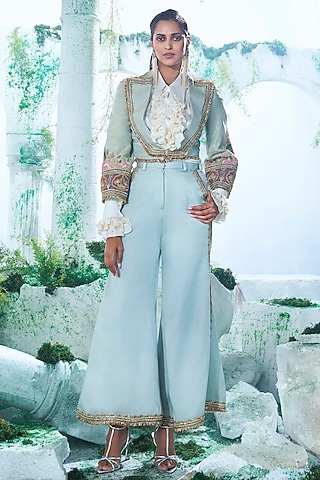 Soft Mint Green Zari Tissue Embroidered Blazer Set by Label Ankush Jain