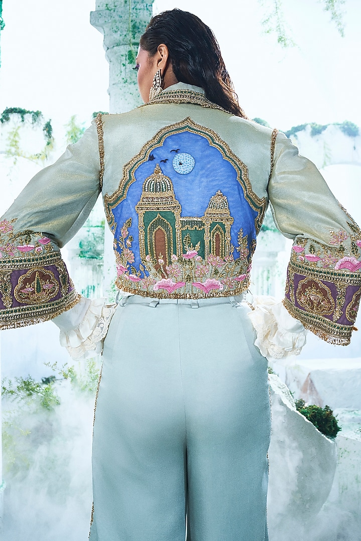 Soft Mint Green Zari Tissue Embroidered Blazer Set by Label Ankush Jain at Pernia's Pop Up Shop